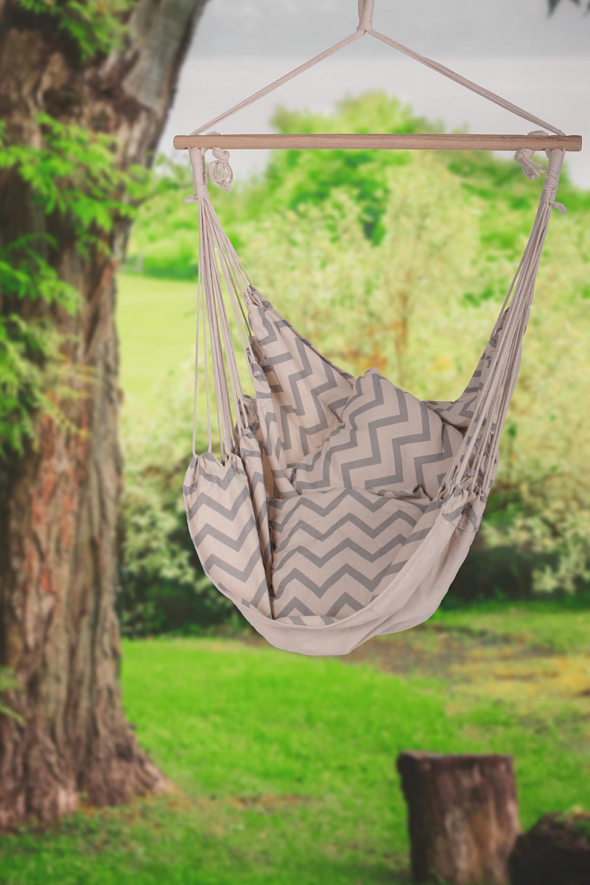 HÄNGESESSEL Mainz mit 2 Kissen Beige Hängesitz - Beige, Holz (90/120/65cm) - DELUKE