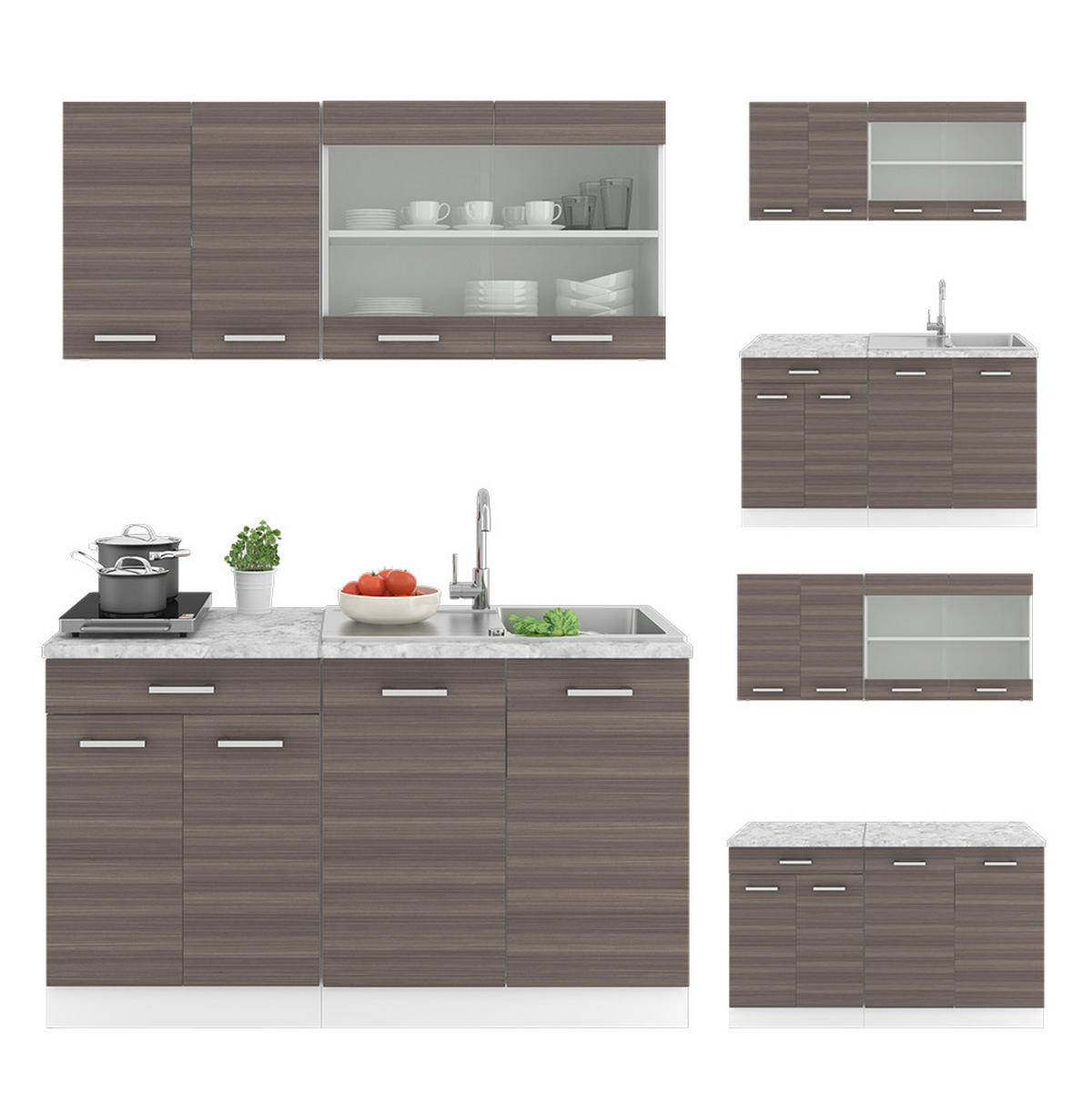 SINGLEKÜCHE R-Line Edelgrau/Weiß 140 cm, AP Anthrazit - Braun/Weiß, Holzwerkstoff (140/81.6/60cm) - Vicco