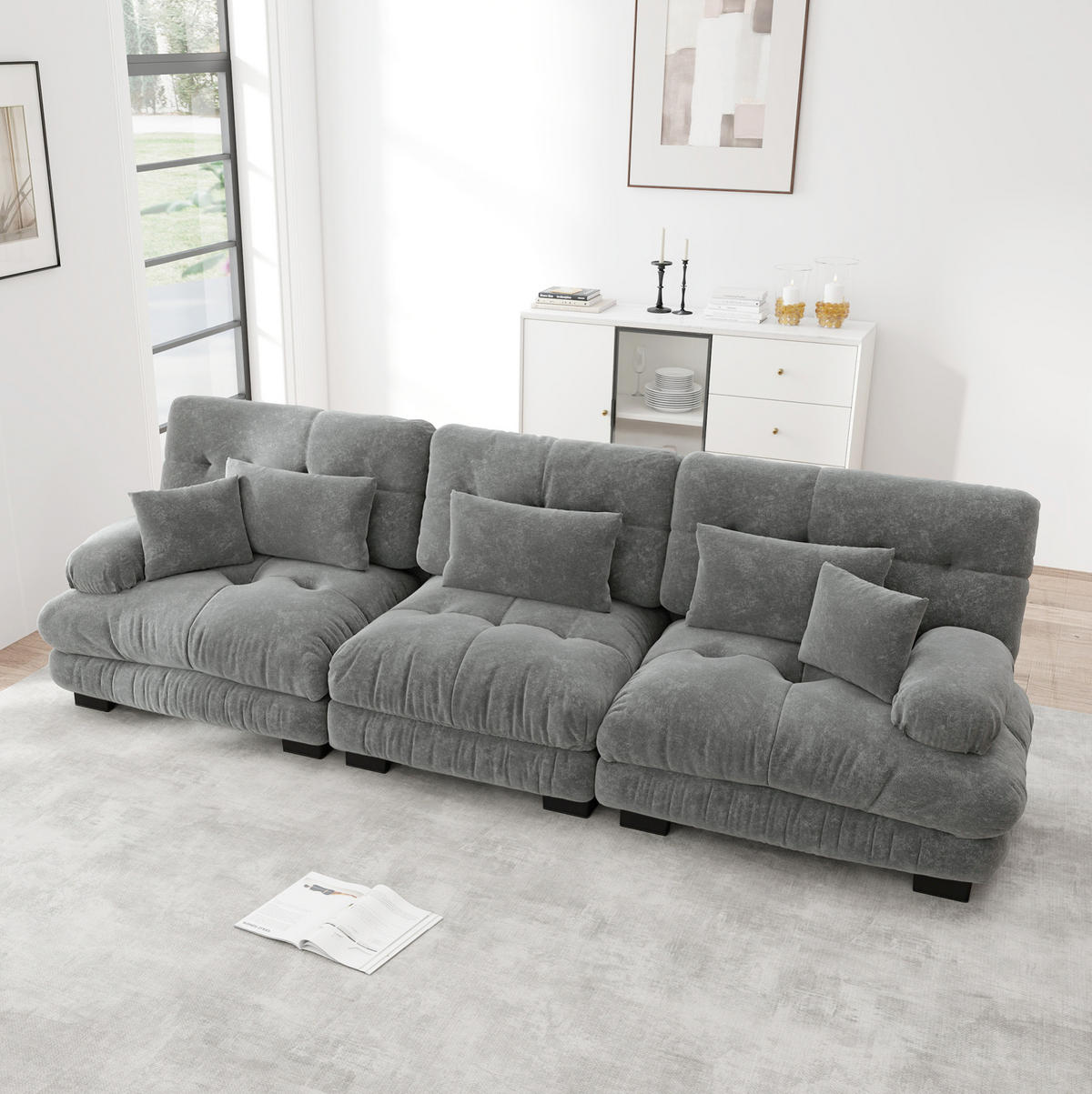 SOFA in Grau mit Tiefensitz und Chenillebezug - Grau, Textil (77/81/313cm) - Flora Grace