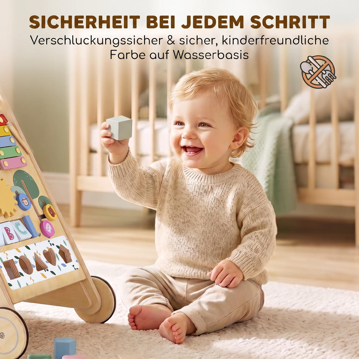 BABY-LAUFLERNWAGEN Mehrschichtplatte Kautschukholz Naturholz Weiß - Naturfarben, Holz (32.4/46/34.5cm) - AIYAPLAY