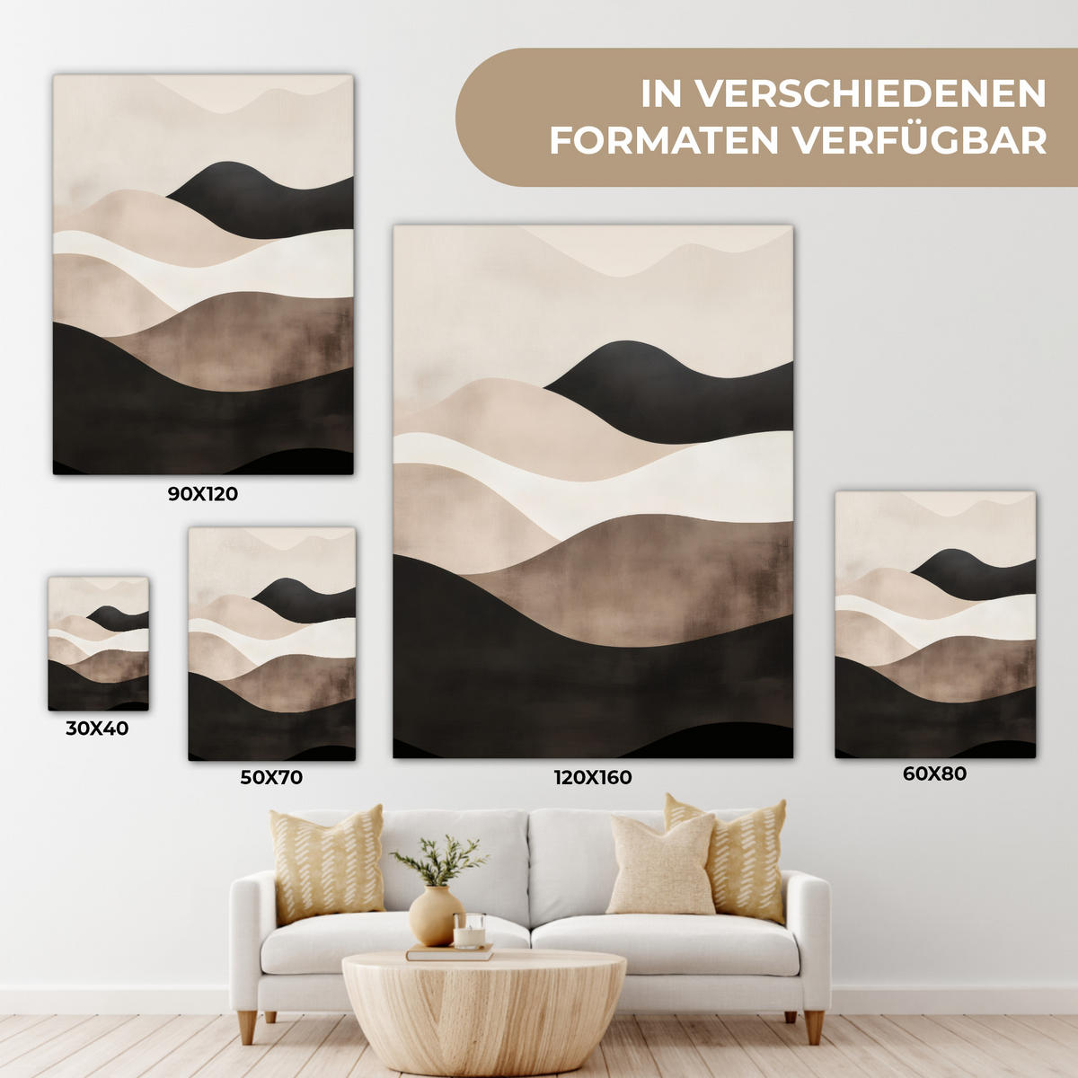 LEINWANDBILD Abstrakt - Landschaft - Wellen - Cremefarben 60x80 cm - Cappuccino, Textil (60/80cm) - MuchoWow