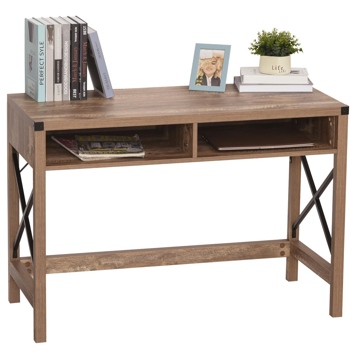 SCHREIBTISCH Schwarz und Braun Holzoptik mit 2 offenen Fächern 110/48/76 cm - Braun, Holz (48/110/76cm) - PANGIVO