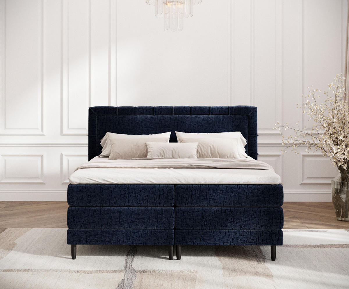 BOXSPRINGBETT Rimini Marineblau 160/200 cm mit Matratze und Topper - Schwarz/Dunkelblau, Holz/Holzwerkstoff (160/200cm) - Maison de Reve