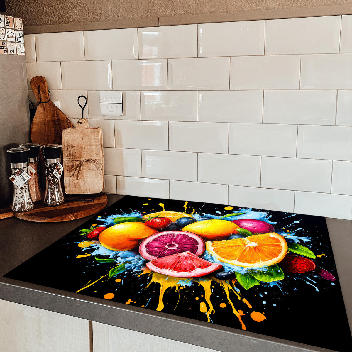 HERDABDECKPLATTE Obst - Graffiti - Bunt - Orange - Erdbeere - Abstrakt 77x59 cm - Orange, Kunststoff (77/59/0.2cm) - MuchoWow