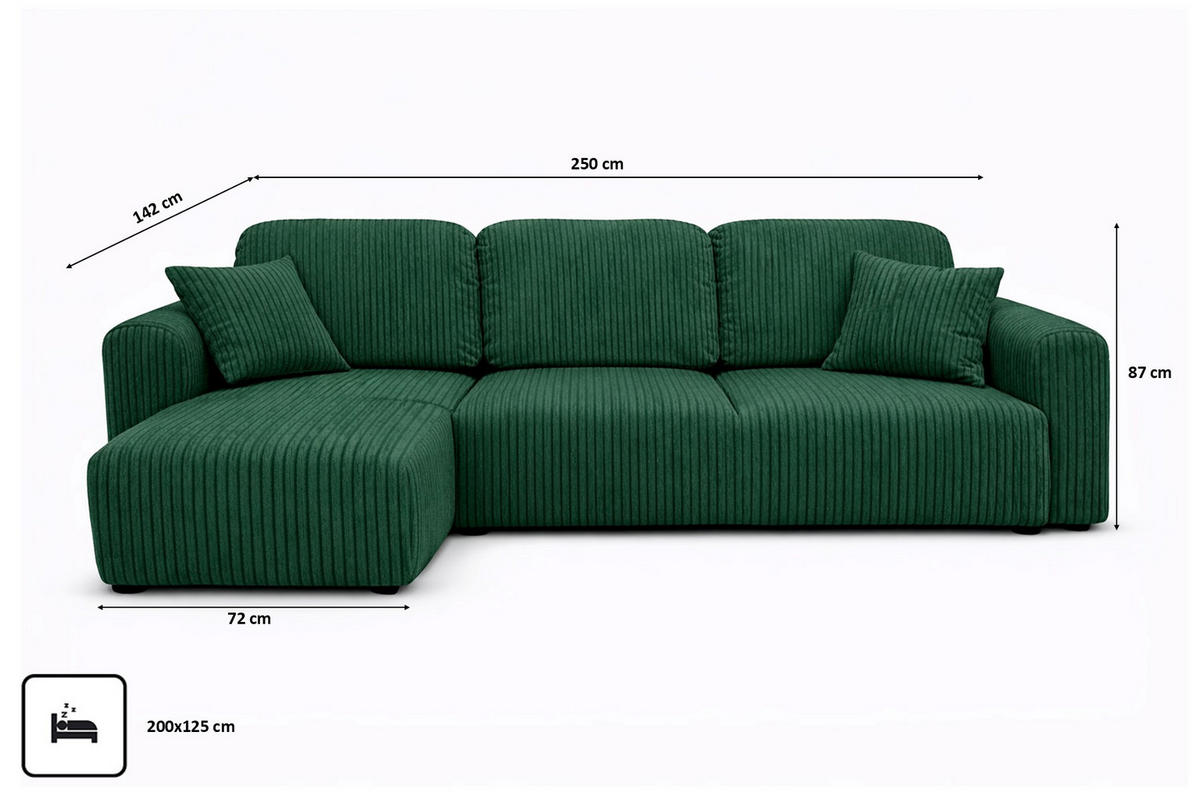 ECKSOFA Mit Schlaffunktion Und Bettkasten, Sofa L-Form Bingo L, Cordstoff Poso, Grün, Links - Grün, Holz (250/142cm) - Kaiser Möbel