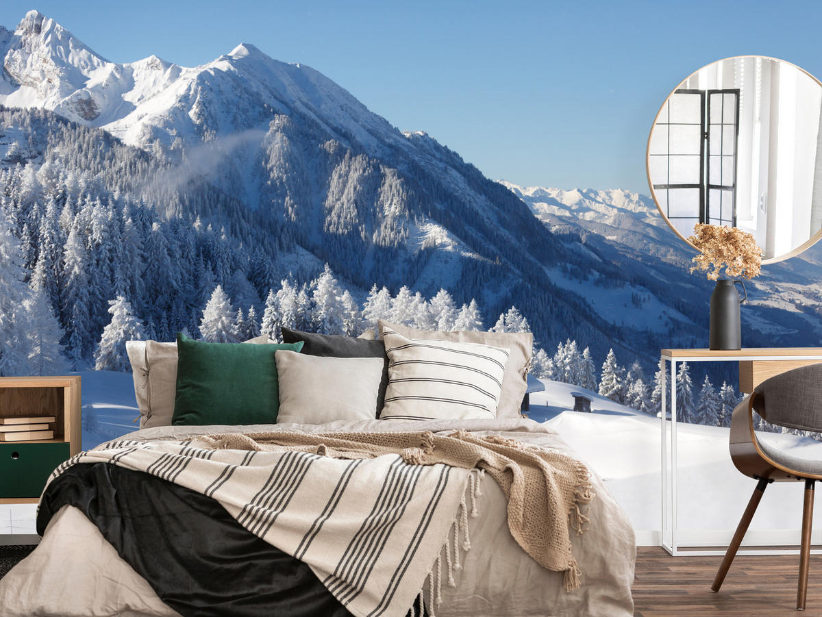 FOTOTAPETA Pre Obývaciu Izbu Drevená Chata Hory Stromy Zima 450 x 315 cm - biela, papier (450/315cm) - Muralo