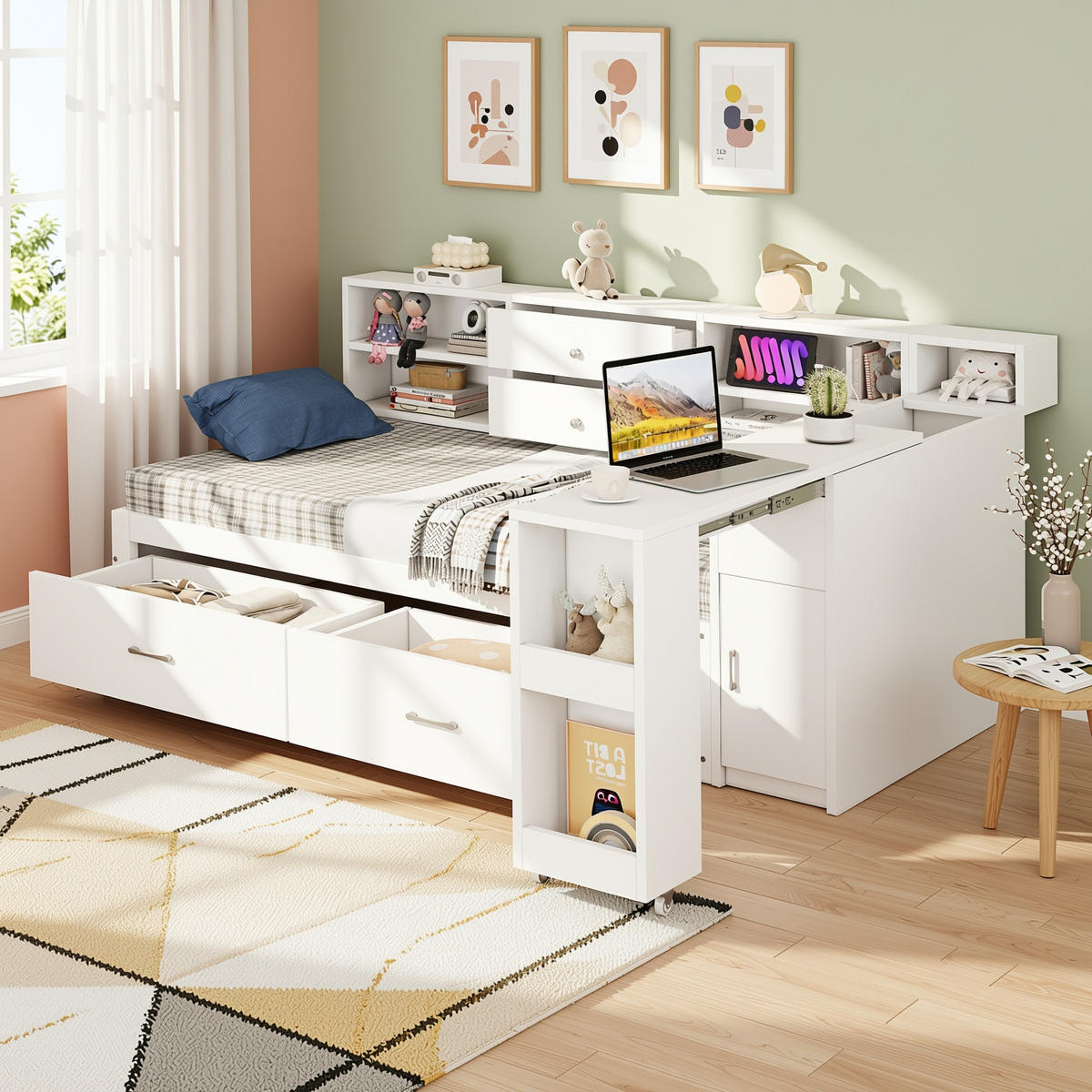 MULTIFUNKTIONSBETT 90x200 mit ausziehbarem Schreibtisch - Weiß, Holzwerkstoff (90/200cm) - Urban Meuble