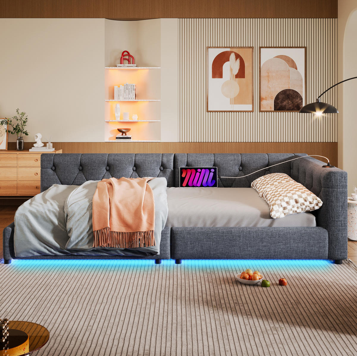TAGESBETT 90/200 cm mit Lattenrost und USB-Anschlüssen Grau Leinen - Grau, Textil (90/200cm) - OKWISH