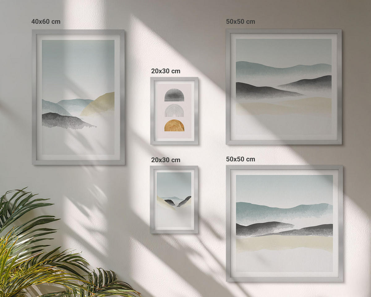 BILDER SET 5er Set - 50x50 cm & 20x30 cm & 40x60 cm Silberner Rahmen - Wellen – Japanische Kunstgrafik - Silberfarben, Kunststoff (40/60cm) - TULUP