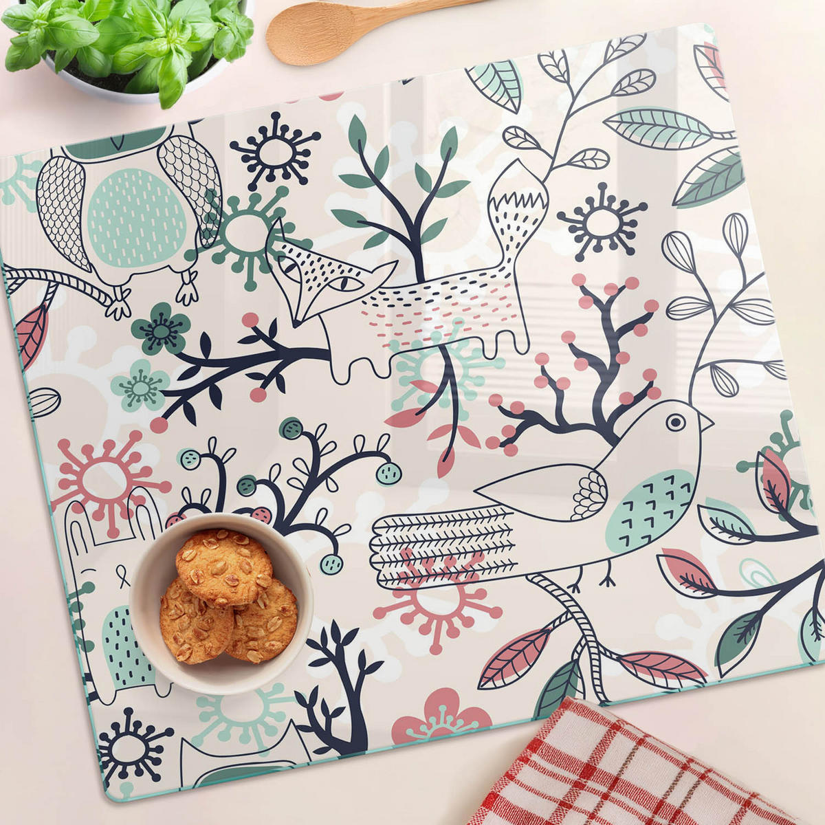 GLASPLATTE 60x52 cm Tiere und Blumen - Blau/Hellgrau, Glas (60/0.4/52cm) - TULUP
