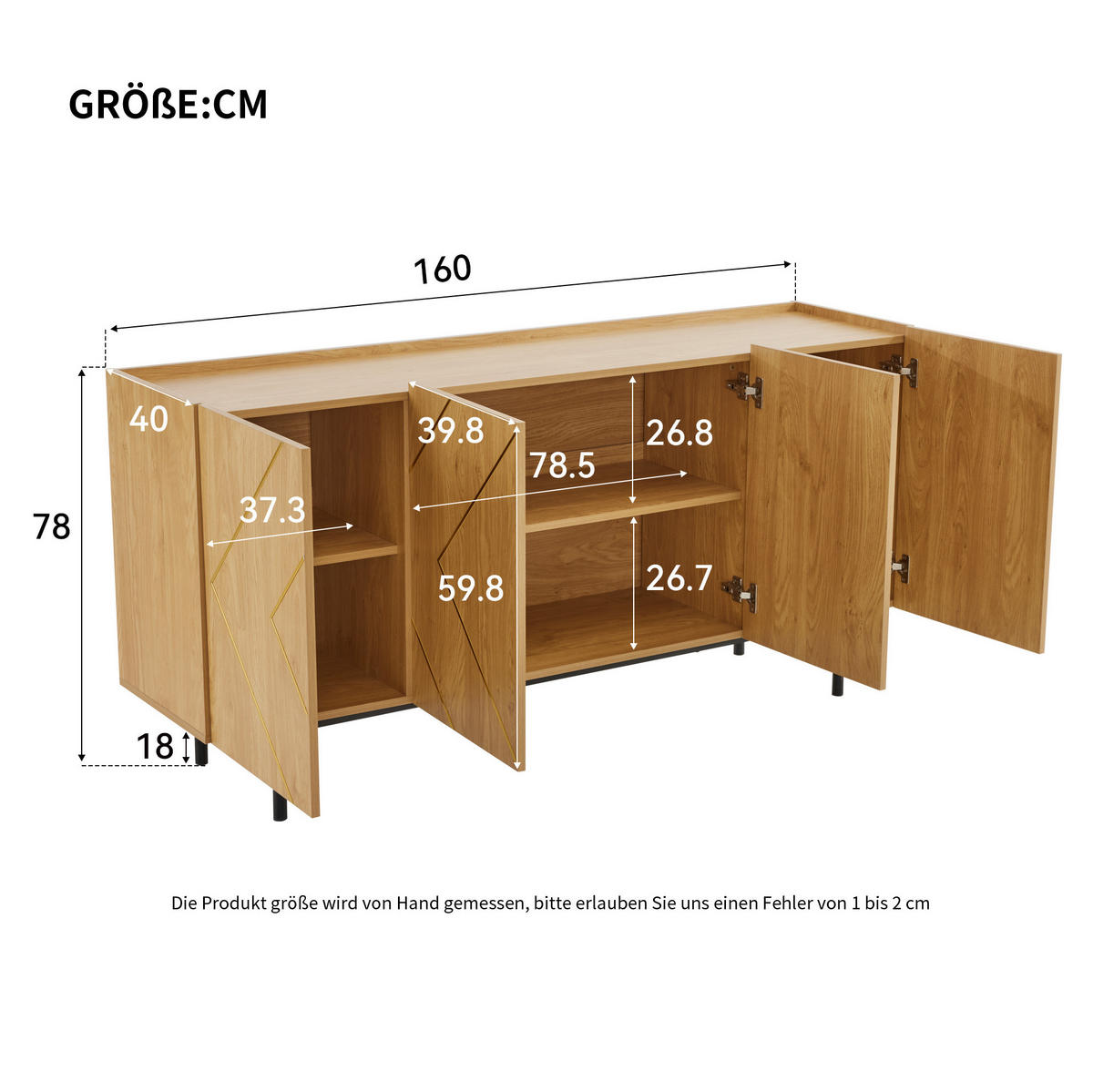 SIDEBOARD in Natur 160x40x78 cm mit 4 Türen und verstellbaren Einlegeböden - Naturfarben, Holzwerkstoff (40/78/160cm) - IVMEU