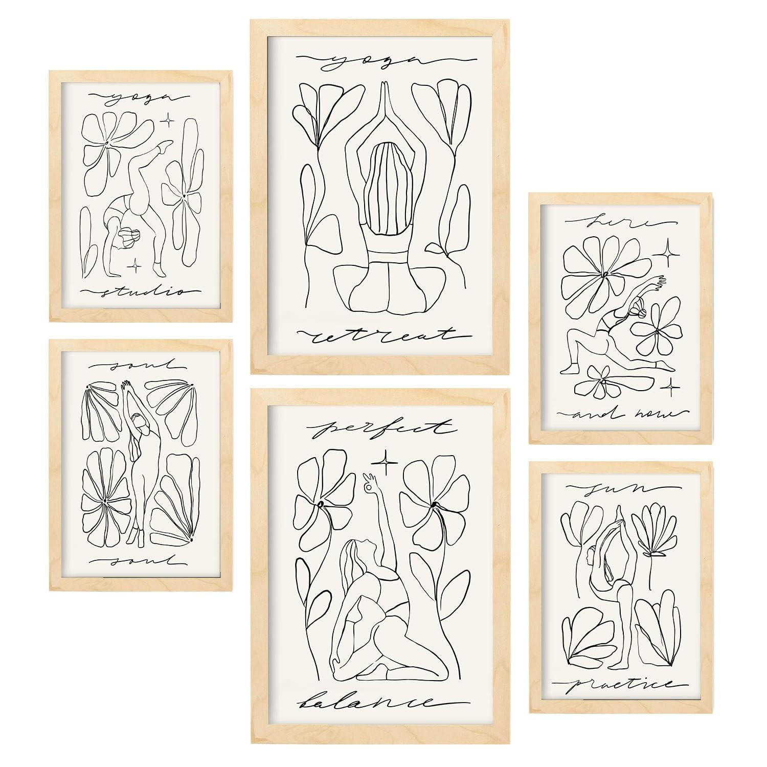 POSTER Set Mit 6 Yoga Musen 4 A3 & A4 Rahmen Aus Hellem Holz - Beige, Papier (29/3/42cm) - Nacnic