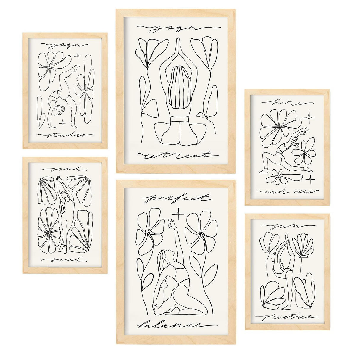 POSTER Set Mit 6 Yoga Musen 4 A3 & A4 Rahmen Aus Hellem Holz - Beige, Papier (29/3/42cm) - Nacnic