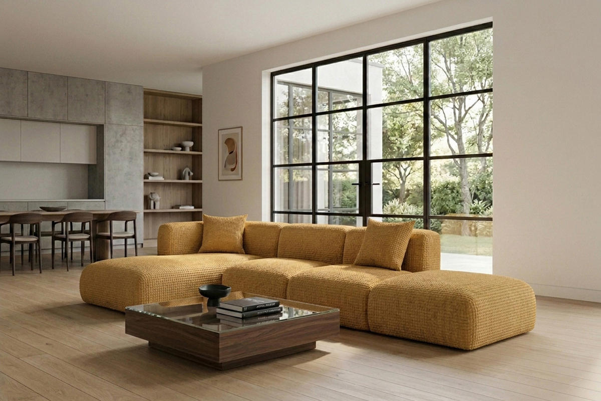 ECKSOFA L-Form mit Hocker, Chenille-Stoff Cremona, Golden, Links, GRETA - Goldfarben, Holz (386/179cm) - Kaiser Möbel