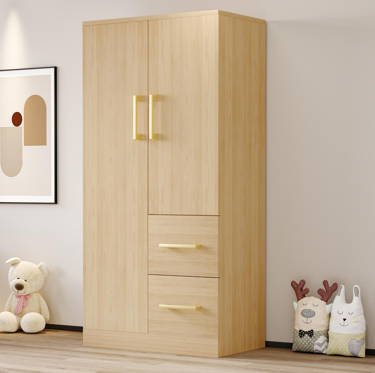 KLEIDERSCHRANK 70/40/135 cm mit 2 Drehtüren und 2 Schubladen in Holzfarbe - Naturfarben, Holz (70/135/40cm) - BEAOK