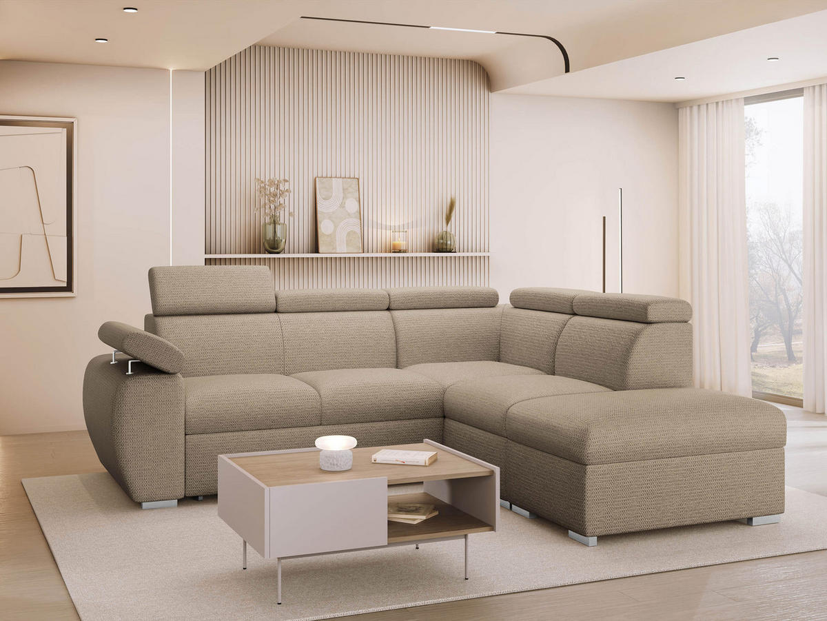 ECKSOFA Boston 2RR1P, Seite: Rechts 2R+R+1P(65)+PUFAP - Hellbraun/Silberfarben, Holz/Textil (260/230cm) - MIRJAN24