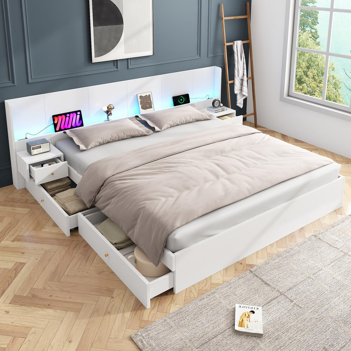 DOPPELBETT aus MDF 180x200 cm Weiß mit LED-Beleuchtung, USB-Anschlüssen, Steckdosen und Stauraum - Weiß, Holzwerkstoff (180/200cm) - IVMEU