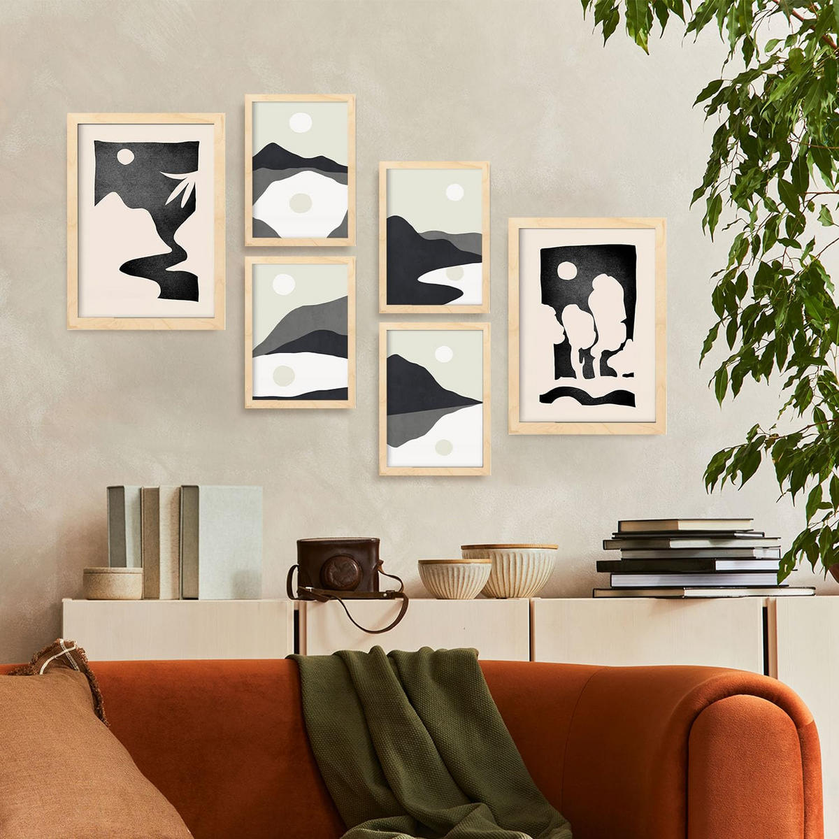 POSTER Set Mit 6 Mitternachtsmond In Kulissen Abstracts Ästhetische Dekorative Gemälde Für Ihr Wohnzimmer Zuhause A3 & A4 Rahmen Aus Hellem Holz - Beige, Papier (29/3cm) - Nacnic