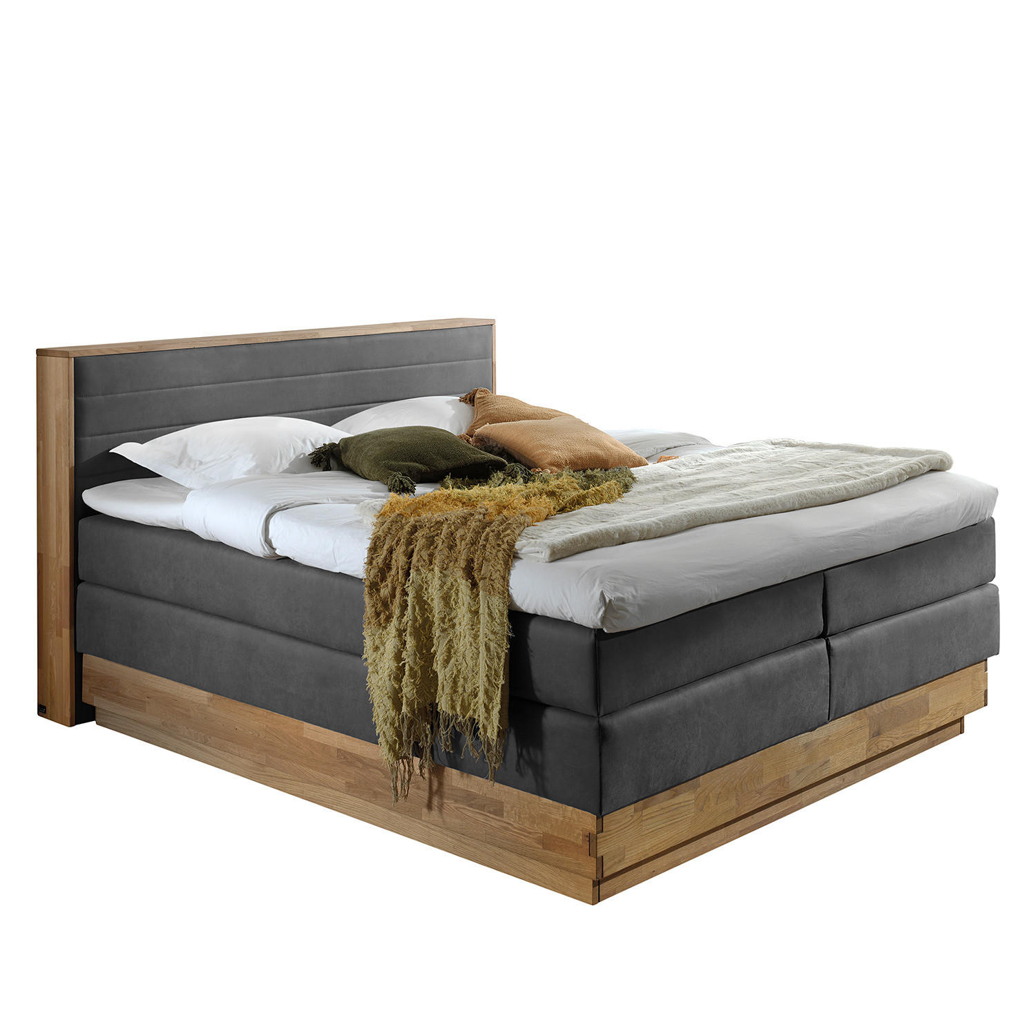 BOXSPRINGBETT - Massivholz / Textil / Teilmassivholz - Grau, Holz/Textil (180/200cm) - home24