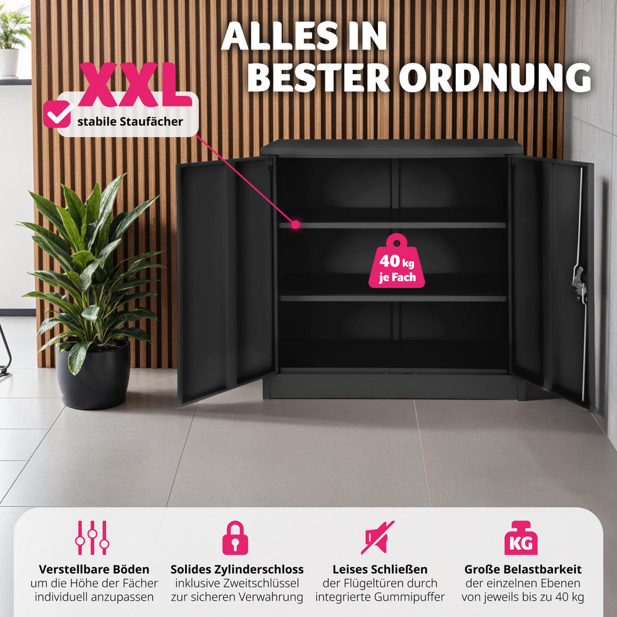 AKTENSCHRANK ,90 x 40 x 90 cm,schwarz - Schwarz, Metall (40/90/90cm) - tectake