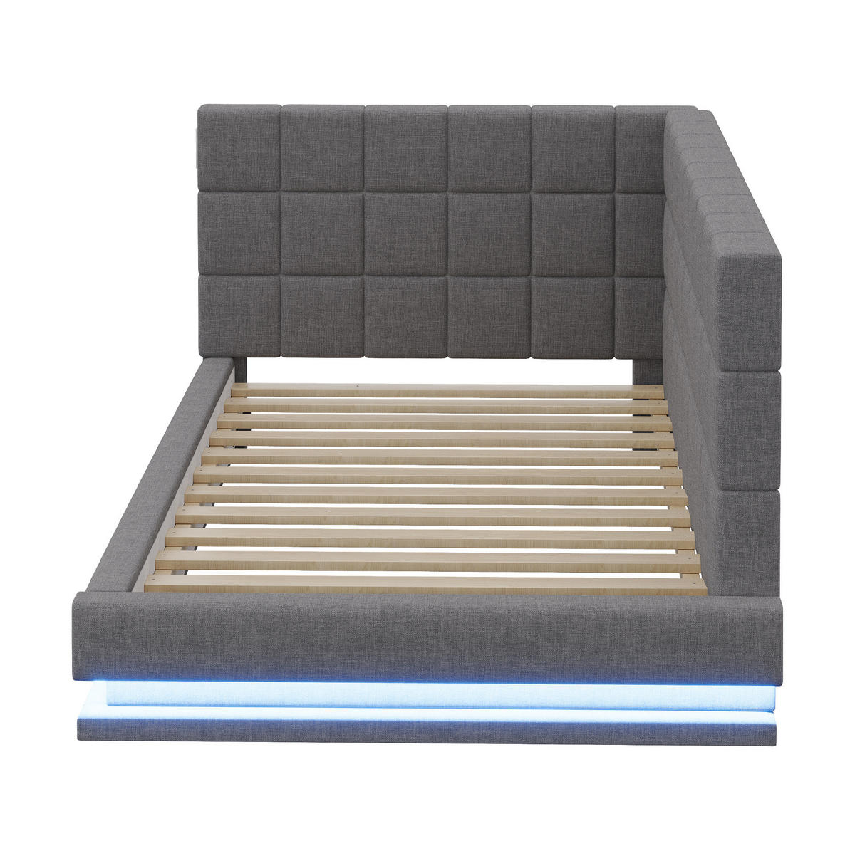 ČALÚNENÁ posteľ z ľanu 90x200 cm sivá s LED osvetlením, USB portom a lamelovým roštom - sivá, textil (90/200cm) - Modfu
