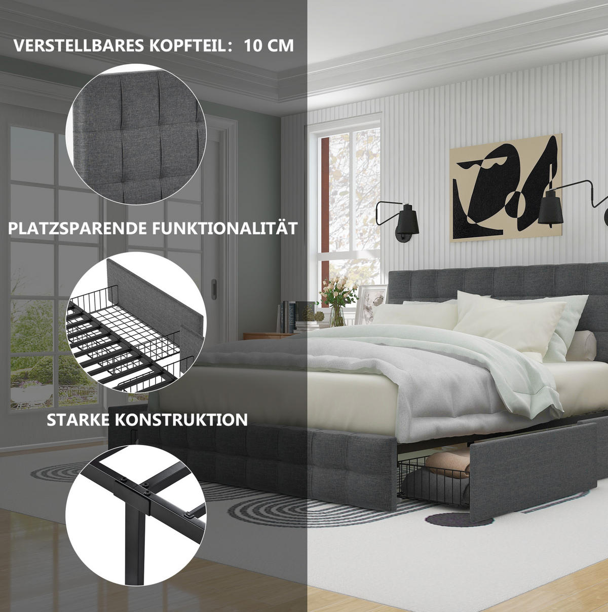 POLSTERBETT 140/200 cm Grau aus Leinen mit 4 Schubladen - Grau, Textil (140/200cm) - OKMYHOME