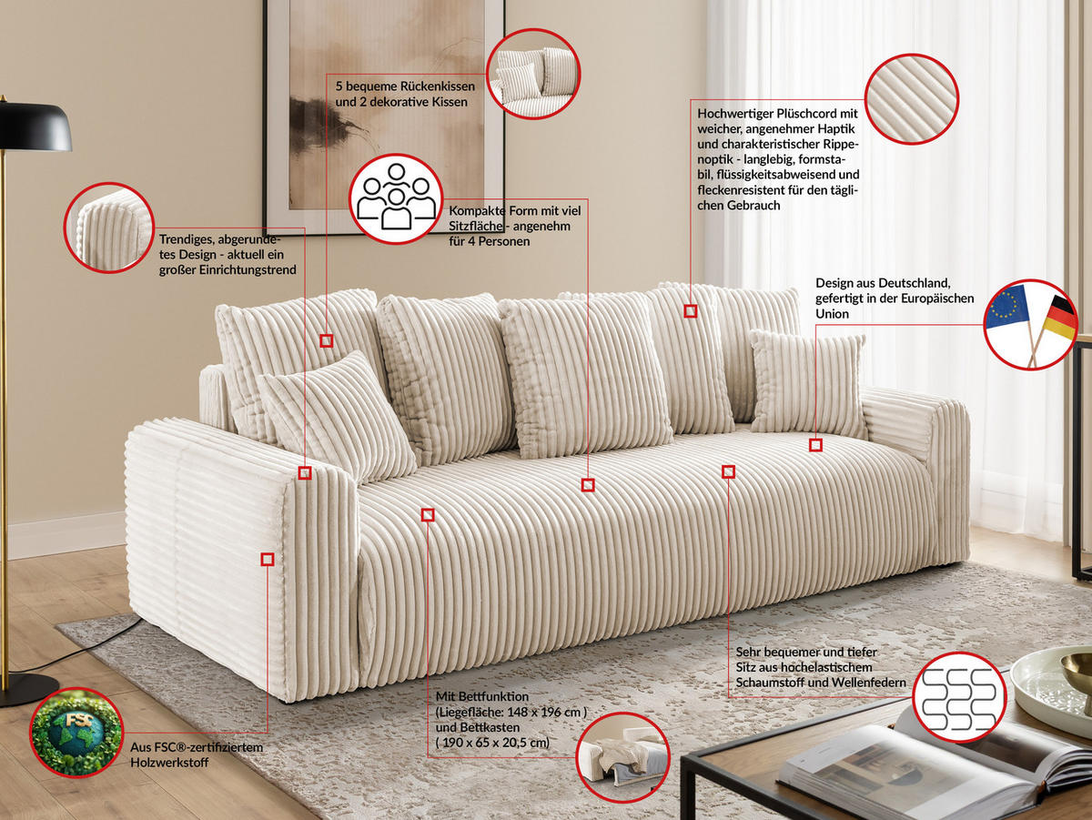 SCHLAFSOFA Calma mit Bettkasten im Bumpy-Design aus weichem Creme Plüschcord - Creme/Schwarz, Holz/Kunststoff (239/88/98cm) - S-Style