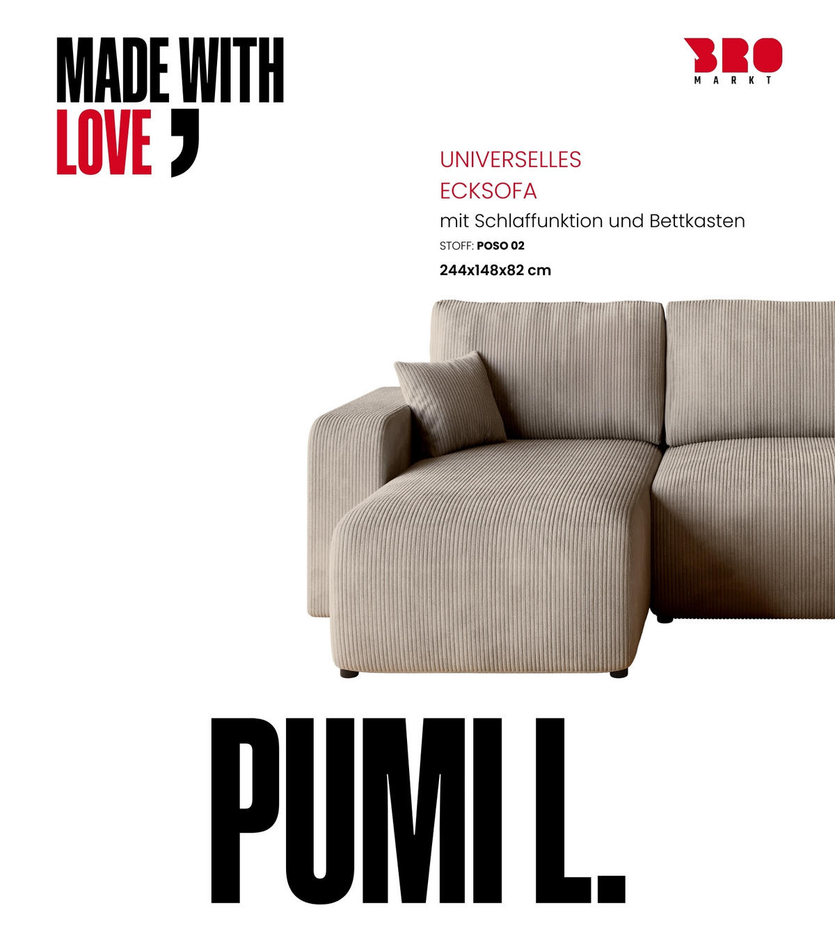 ECKSOFA PUMI mit Schlaffunktion Beige Cord - Beige, Textil (244/148cm) - Bromarkt