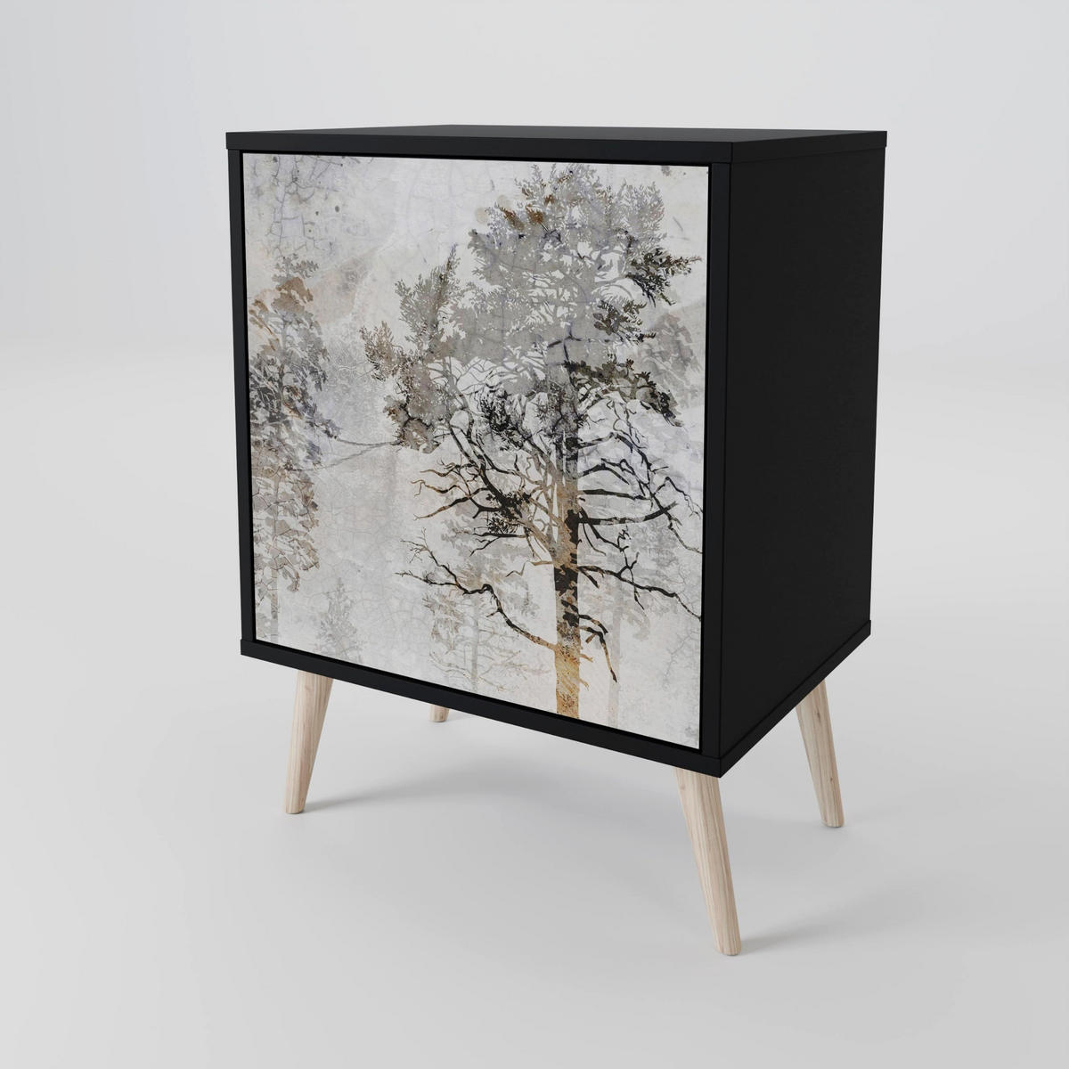 SIDEBOARD FADE IN THE TREES, Schwarz, 57,5x42x75,5 cm, Goldfarbene Metallfüße - Goldfarben/Multicolor, Holzwerkstoff/Metall (57.5/75.5/42cm) - SpaceRebels