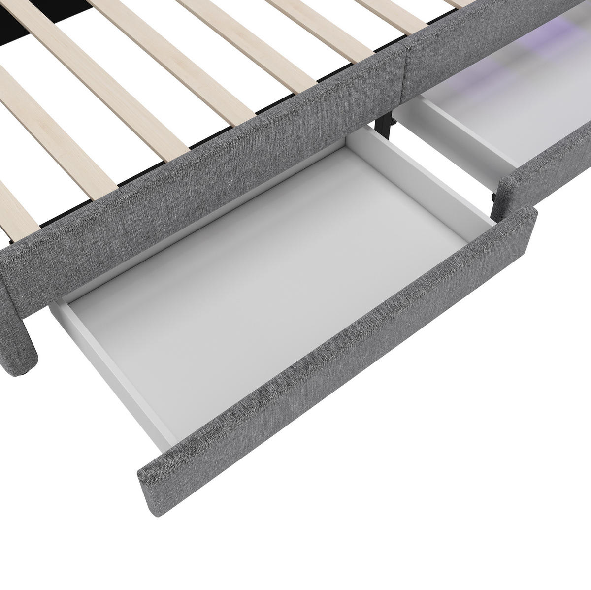 POLSTERBETT aus Leinen 90x200 cm in Grau mit LED, USB-C & 2 Schubladen - Grau, Textil (90/200cm) - Modfu