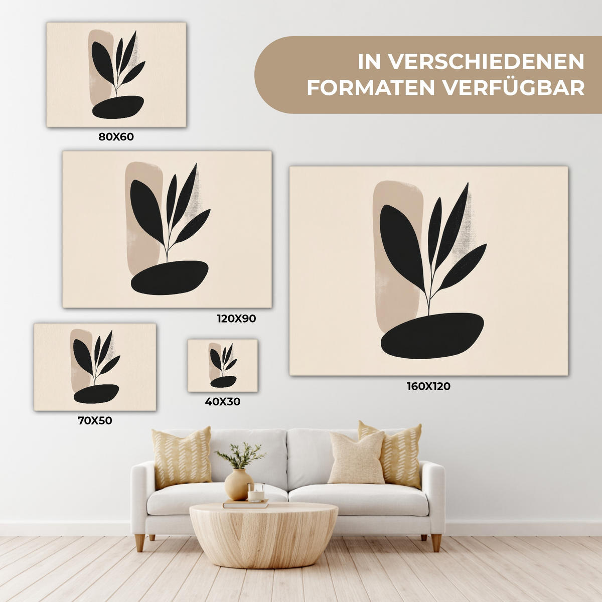 LEINWANDBILD Pflanze - Beige - Japanisch 40x30 cm - Schwarz, Textil (40/30cm) - MuchoWow