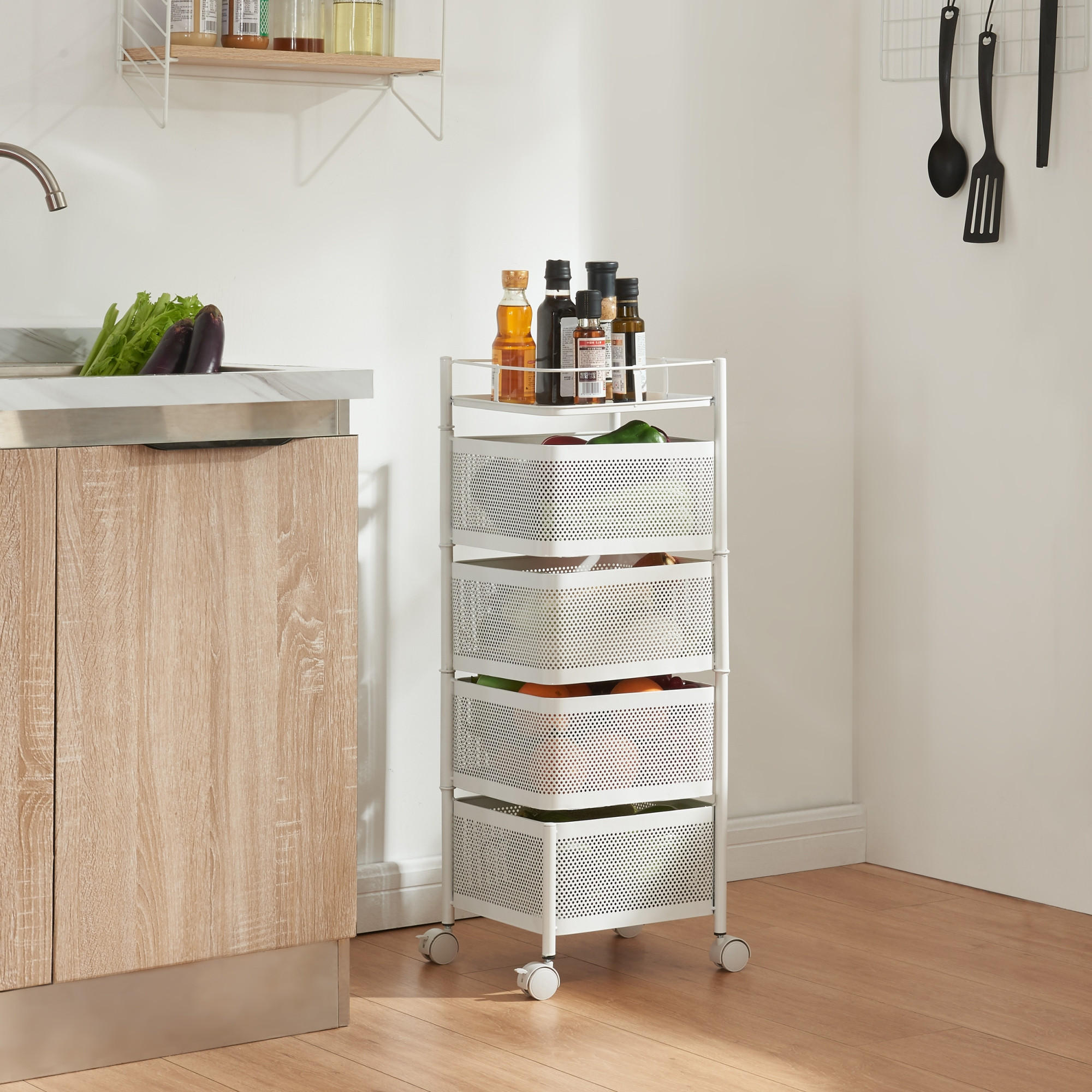 Thumbnail - [en.casa] Rollwagen, Weiß, Metall, Rollen, 27x79.5x27 cm, Esszimmer, Servierwagen