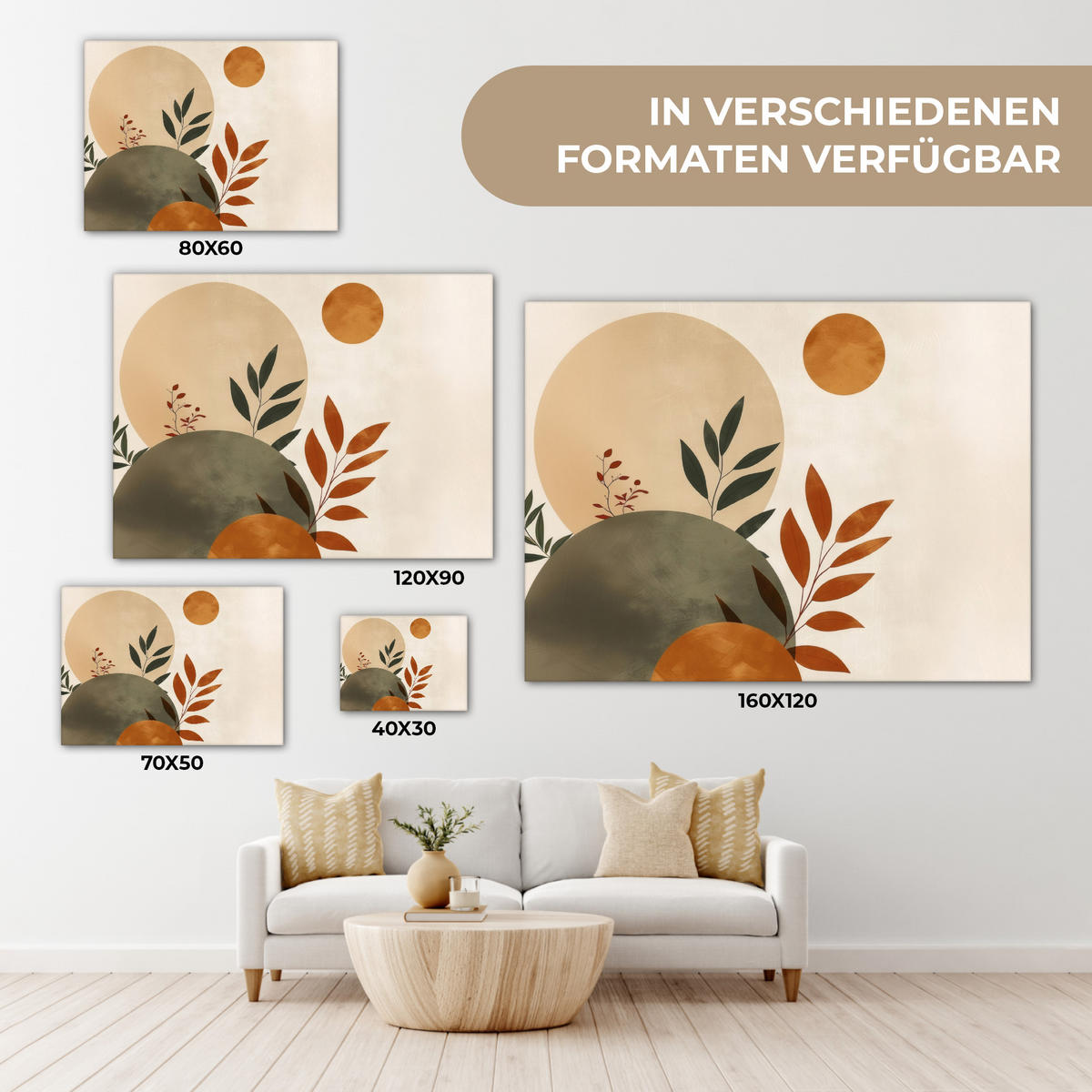 LEINWANDBILD Formen - Rund - Blätter - Beige Wandbilder 80x60 cm - Rostfarben, Textil (80/60cm) - MuchoWow