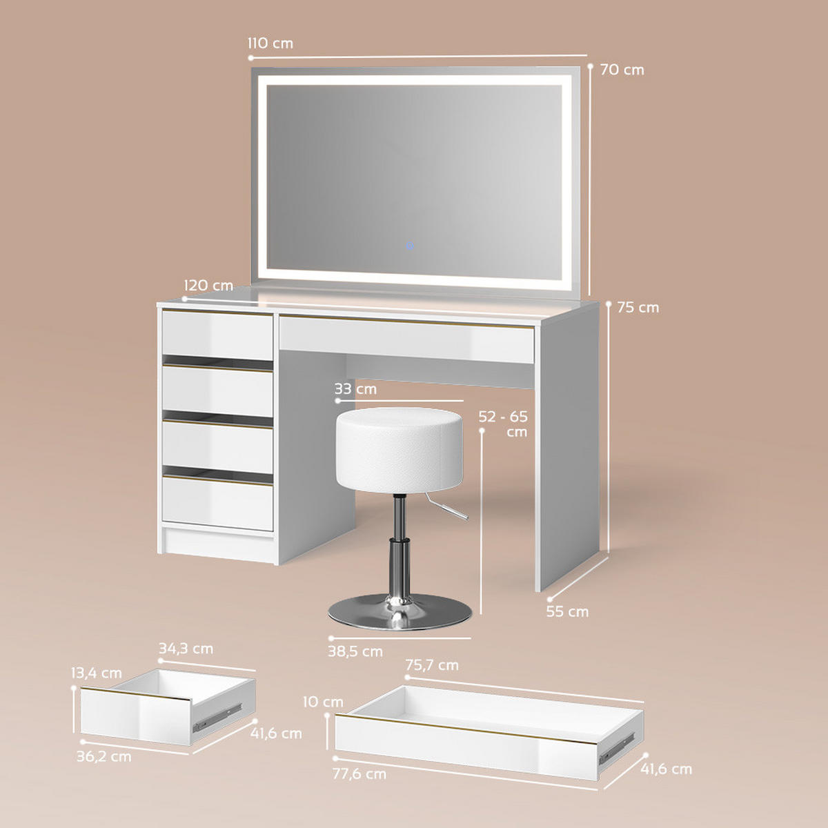 SCHMINKTISCH Imola Weiß/Gold mit LED-Spiegel und Hocker - Goldfarben/Weiß, Holzwerkstoff (120/75/55cm) - Livinity®