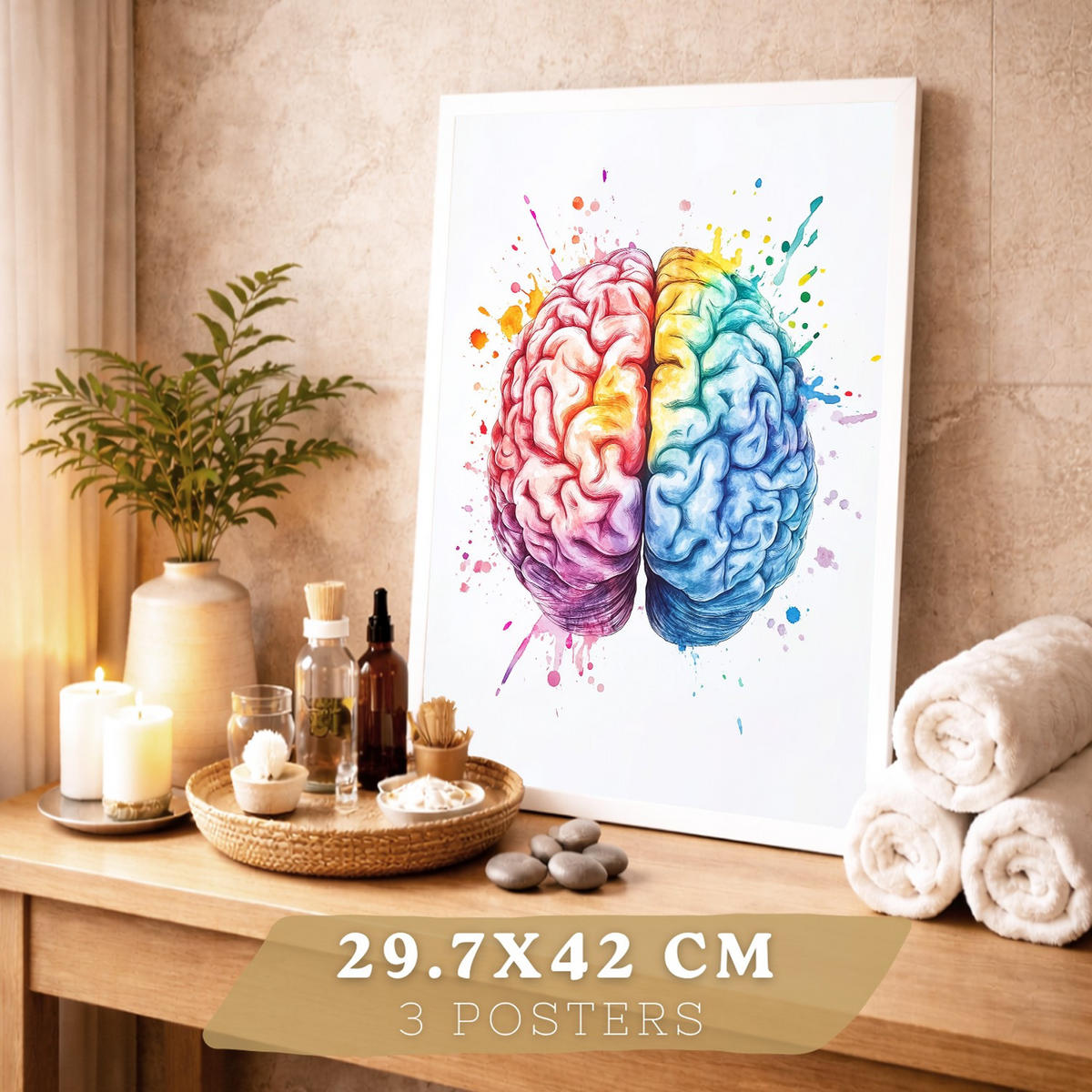 POSTER Set aus 3 Anatomie Mensch Drucke und Wandbilder mit Gehirn Herz Rippen Wirbelsäule Lebendiges Aquarell Design Größe Weißer Rahmen A3 - Weiß, Papier (29.7/42/3cm) - Nacnic
