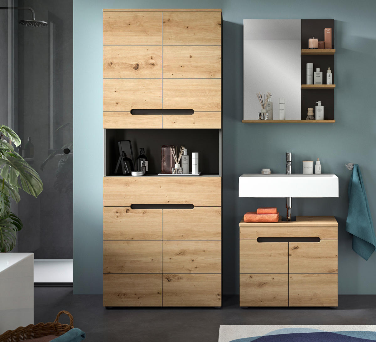 HOCHSCHRANK Eiche, grau 76 x 193 cm, Badschrank mit Soft-Close - Eiche Artisan/Grau, Holz/Holzwerkstoff (76/193/34cm) - Inn.Furn