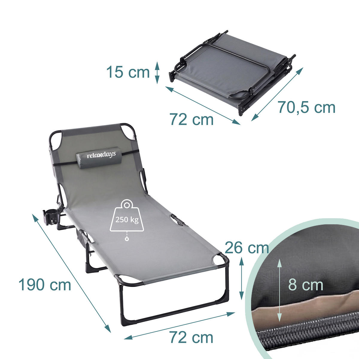 KEMPINGOVÉ lôžko - sivá, kov/textil - Relaxdays