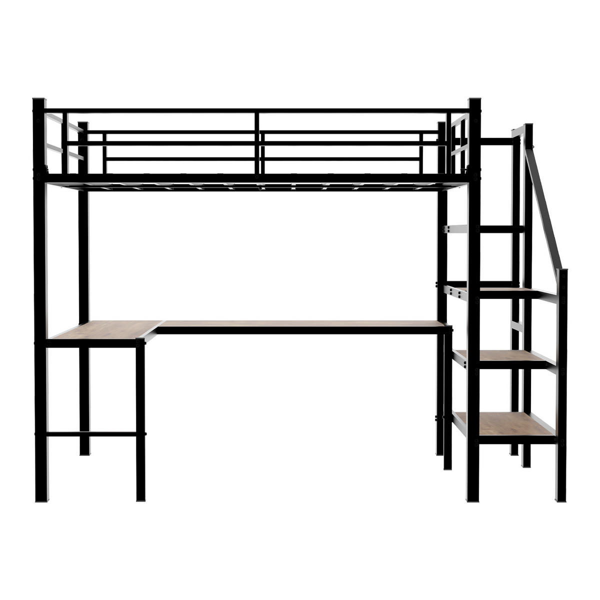 HOCHBETT 90/190 mit L-förmigem Schreibtisch, Stauraumtreppe und Geländer - Schwarz, Holzwerkstoff/Metall (90/200cm) - EVRYAE