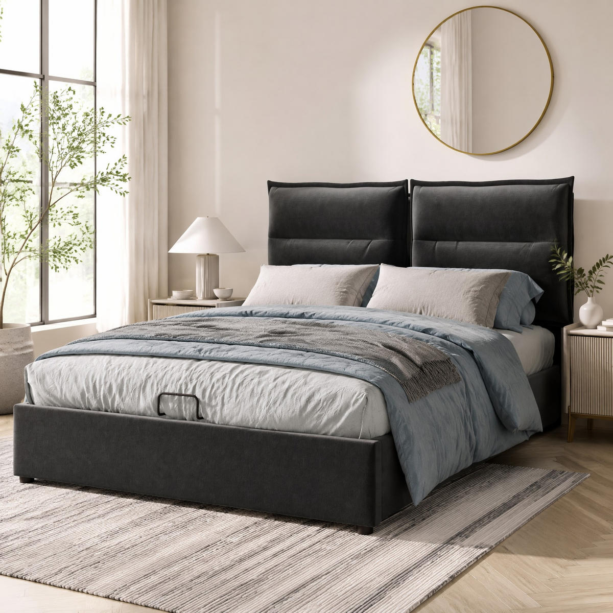 POLSTERBETT 140/200 cm in Schwarz Samt mit Bettkasten, verstellbarem Kopfteil und Matratze - Schwarz, Holzwerkstoff/Textil (140/200cm) - CHICFURN