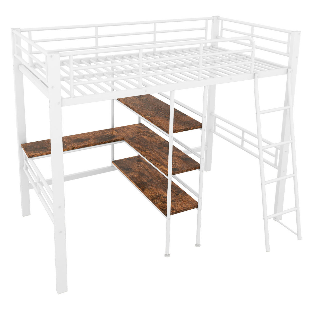 HOCHBETT aus Metall 90x200 cm in Weiß mit Schreibtisch & Regalen - Weiß, Metall (90/200cm) - Modfu