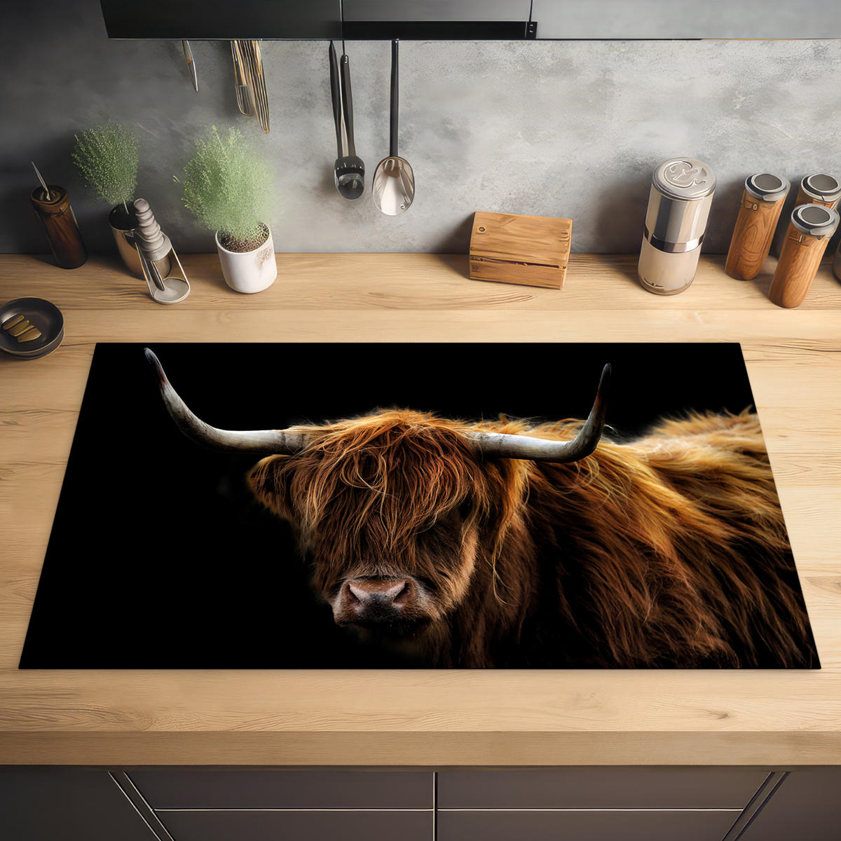 HERABDECKPLATTE - Schottischer Highlander - Hörner - Schwarz - Tiere - Natur - Wild - Kuh - 90x50 - Cognac, Kunststoff (90/50/0.2cm) - MuchoWow