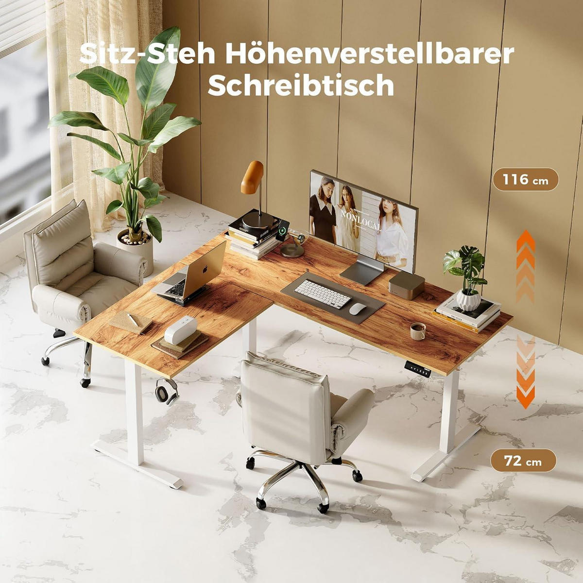 SCHREIBTISCH L-förmig Höhenverstellbar Elektrisch 190 x 155 cm Hellbraun - Braun, Holzwerkstoff (190/60/75cm)