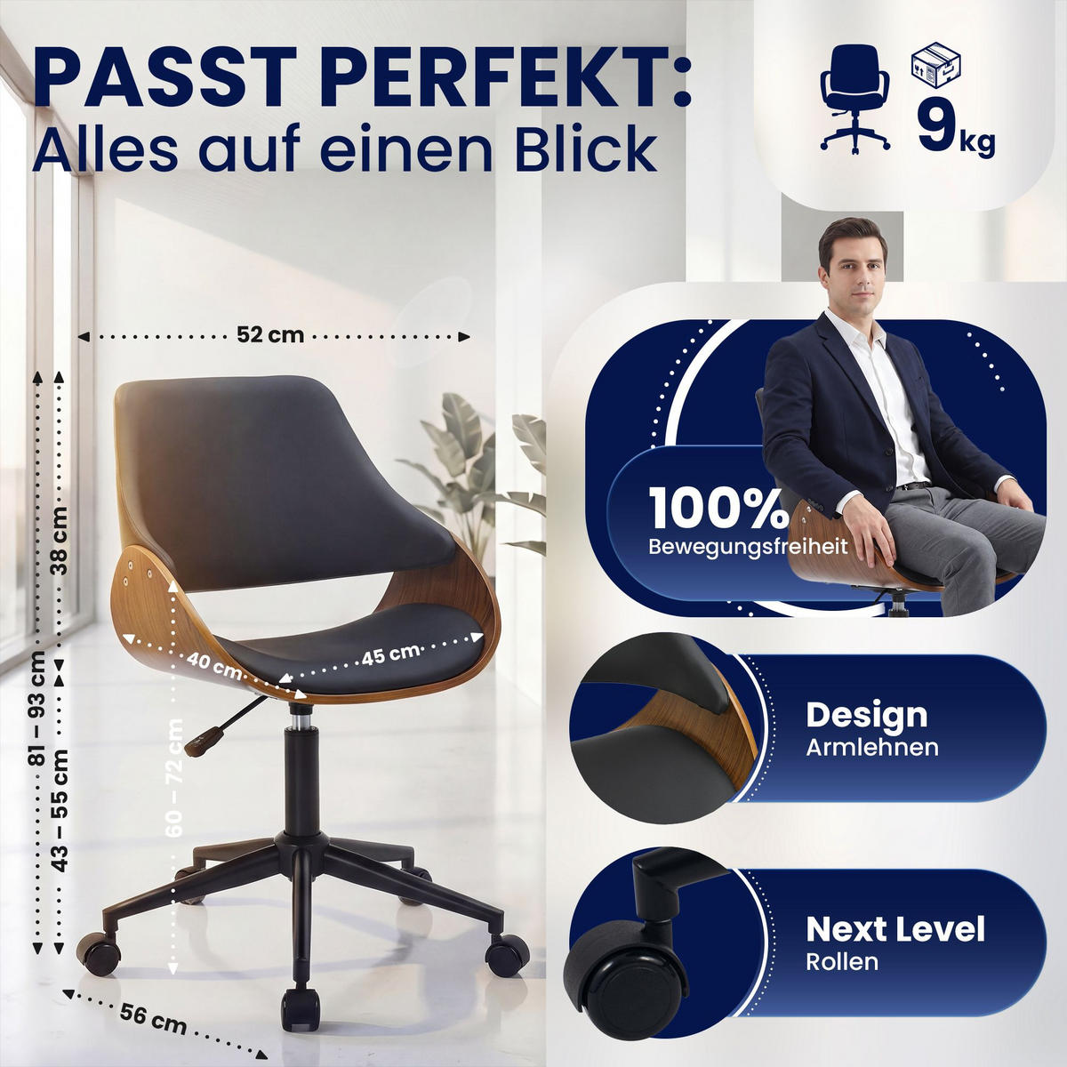 DREHSTUHL Lederlook Walnuss/Schwarz - Walnussfarben/Schwarz, Textil/Metall (52/81/56cm) - CLP
