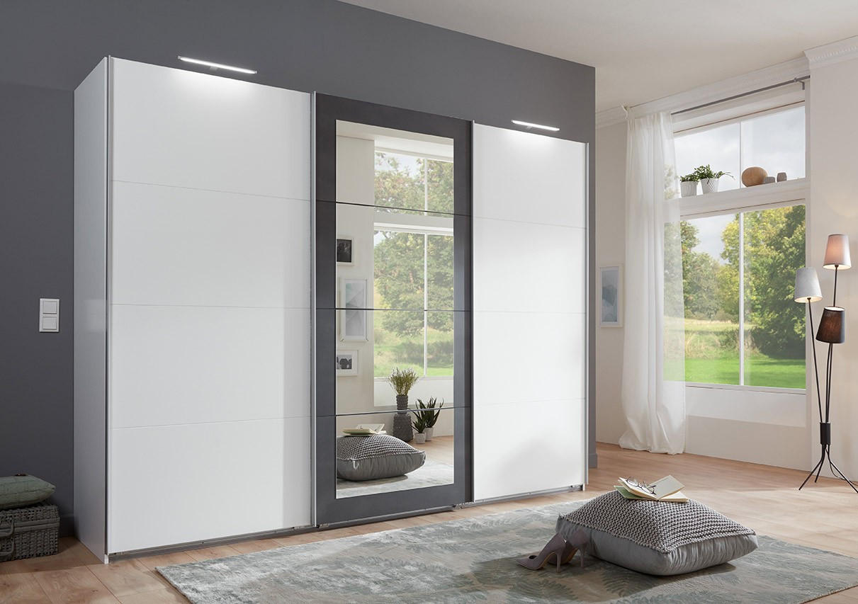 SCHWEBETÜRENSCHRANK 3-türig B270/H208/T65 cm in Weiß mit Absetzungen in grauer Stahl-Optik / 22001 - Alufarben/Weiß, Holzwerkstoff/Metall (270/208/65cm) - luma-home