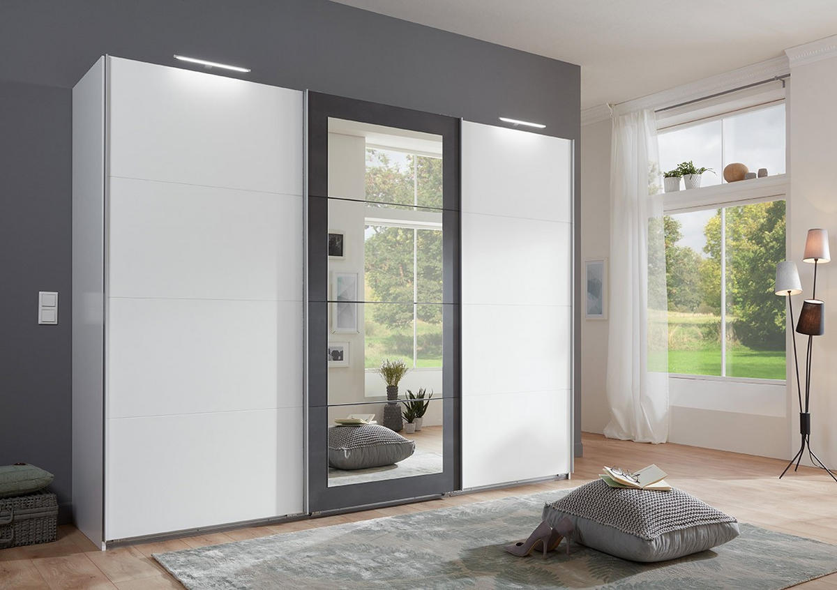 SCHWEBETÜRENSCHRANK 3-türig B270/H208/T65 cm in Weiß mit Absetzungen in grauer Stahl-Optik / 22001 - Alufarben/Weiß, Holzwerkstoff/Metall (270/208/65cm) - luma-home