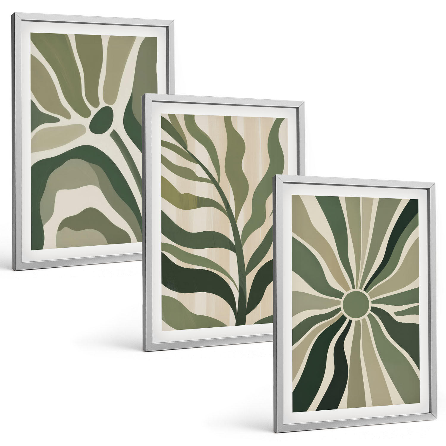 BILDER SET 3er Set - 40x60 cm Silberner Rahmen - Grüne und beige Pflanzenmuster - Silberfarben, Kunststoff (40/60cm) - TULUP