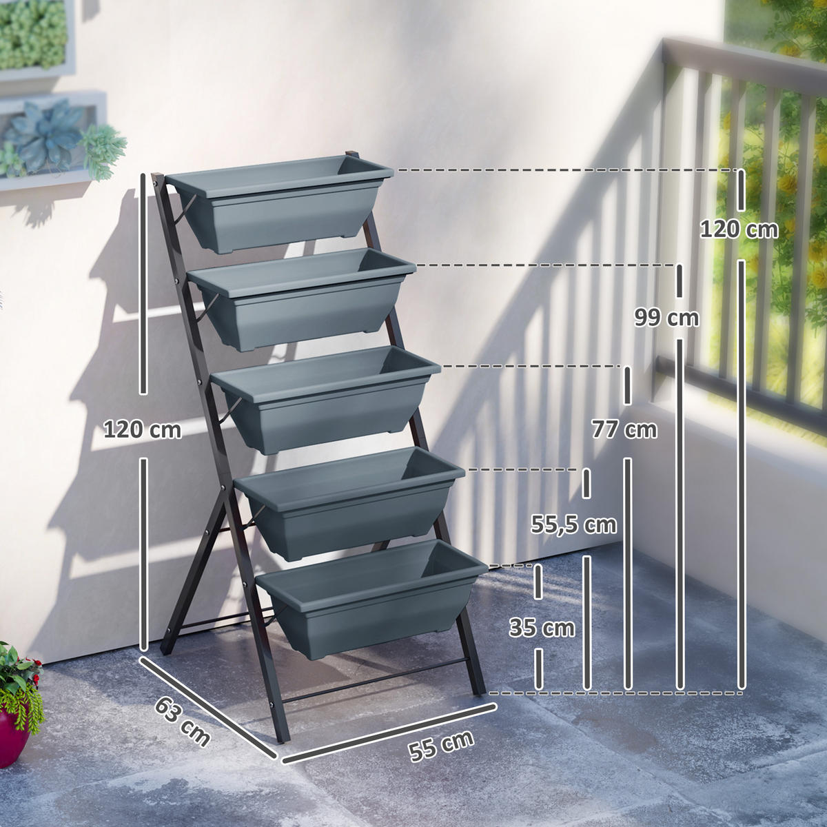 BLUMENTREPPE DE-12278 5-stufig vertikal mit Ablauflöchern Grau - Grau, Metall (55/120/63cm) - ComfortXL