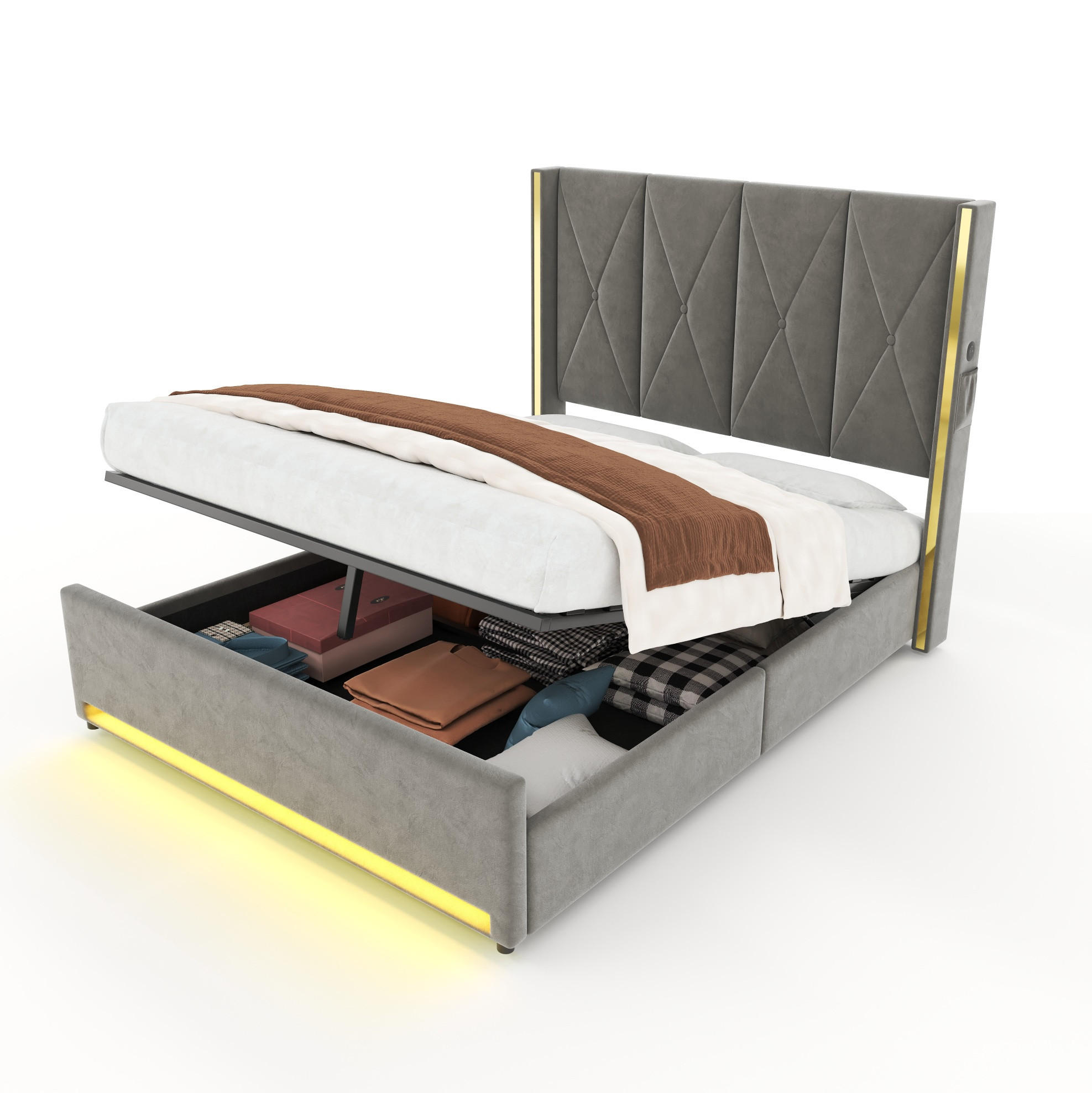 POLSTERBETT 160/200 cm mit LED-Beleuchtung, USB- und Type-C-Anschluss, Bettkasten und Seitentaschen, Dunkelgrau - Dunkelgrau, Textil (160/200cm) - Redom