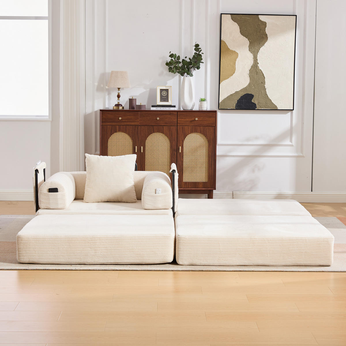 SESSEL mit Hocker 112/190/67 cm montagelos, mit Seitentasche, Kissen und modularem Design, Beige - Beige, Textil (190/67/112cm) - Redom