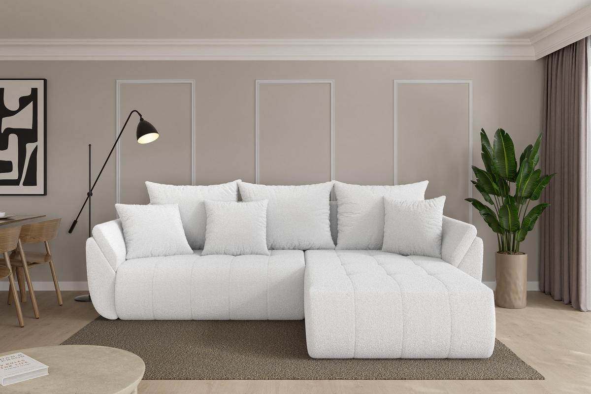 ROHOVÁ SEDAČKA s funkcí spaní, otoman vpravo TOKO-L 277x194x86 bílá bouclé - bílá/černá, kompozitní dřevo/textil (277/194cm) - ALTDECOR